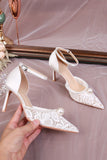Ivory Lace Point Toe Pump Wedding Stiletto Heels with Pearls