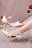 Ivory Lace Point Toe Pump Wedding Stiletto Heels with Pearls