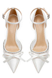 Sparkly Ivory Lace Pointed Toe Beaded Wedding Stiletto Heels with Bow