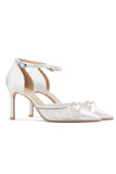 Sparkly Ivory Lace Pointed Toe Beaded Wedding Stiletto Heels with Bow
