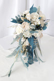 Hand Holding White and Blue Bridal Bouquet