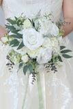 White Flower Hand Holding Bridal Bouquet with Bow