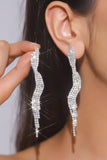 Sparkly Silver Wave Shaped Long Prom Drop Earrings with Rhinestones