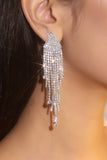 Sparkly Fashion Fringed Silver Prom Drop Earrings with Rhinestones