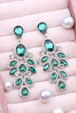 Sparkly Dark Green Leaf Shaped Drop Prom Earrings with Rhinestones