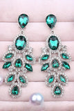 Sparkly Dark Green Leaf Shaped Drop Prom Earrings with Rhinestones
