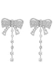 Sparkly Silver Prom Bow Drop Earrings with Rhinestones