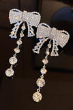 Sparkly Silver Prom Bow Drop Earrings with Rhinestones
