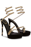 Sparkly Black Golden Prom Strappy High Heels with Rhinestones
