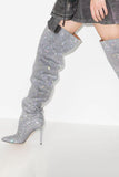 Sparkly Sequin Silver Stilettos Prom Thigh Boots