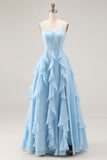Sky Blue A Line Corset Ruffled Long Bridesmaid Dress