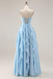 Sky Blue A Line Corset Ruffled Long Bridesmaid Dress