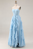 Sky Blue A Line Corset Ruffled Long Bridesmaid Dress