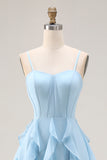 Sky Blue A Line Corset Ruffled Long Bridesmaid Dress