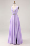 Floral Lilac V Neck A Line Long Bridesmaid Dress with Slit