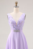 Floral Lilac V Neck A Line Long Bridesmaid Dress with Slit