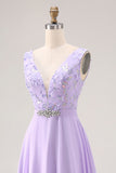 Floral Lilac V Neck A Line Long Bridesmaid Dress with Slit
