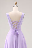 Floral Lilac V Neck A Line Long Bridesmaid Dress with Slit