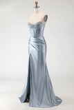 Sparkly Grey Blue Mermaid Long Beaded Corset Prom Dress with Slit