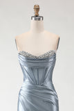 Sparkly Grey Blue Mermaid Long Beaded Corset Prom Dress with Slit
