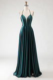 Sparkly Dark Green Halter Neck A Line Maxi Prom Dress with Slit