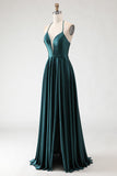 Sparkly Dark Green Halter Neck A Line Maxi Prom Dress with Slit