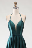 Sparkly Dark Green Halter Neck A Line Maxi Prom Dress with Slit