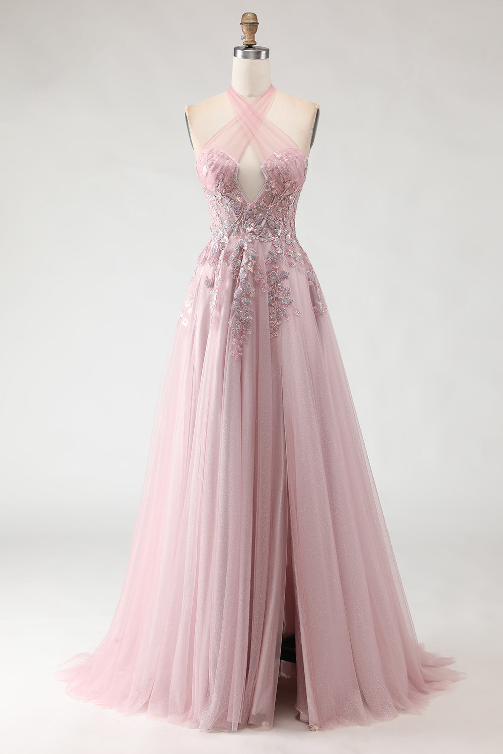 Leely Women Sparkly Blush Pink Long Prom Dress with Slit Tulle Sequins