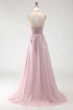 Sparkly Blush Pink A-Line Long Tulle Prom Dress with Appliques