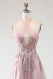 Sparkly Blush Pink A-Line Long Tulle Prom Dress with Appliques