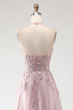 Sparkly Blush Pink A-Line Long Tulle Prom Dress with Appliques
