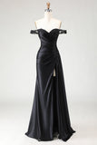 Sparkly Black Mermaid Off the Shoulder Long Prom Dress with Slit