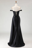 Sparkly Black Mermaid Off the Shoulder Long Prom Dress with Slit