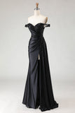 Sparkly Black Mermaid Off the Shoulder Long Prom Dress with Slit