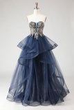 Sparkly Floral Navy A Line Ruffled Princess Maxi Prom Dress with Appliques