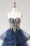 Sparkly Floral Navy A Line Ruffled Princess Maxi Prom Dress with Appliques