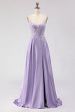 Sparkly Purple A Line Satin Appliqued Long Prom Dress with Slit