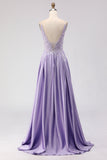 Sparkly Purple A Line Satin Appliqued Long Prom Dress with Slit