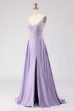 Sparkly Purple A Line Satin Appliqued Long Prom Dress with Slit