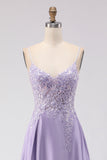 Sparkly Purple A Line Satin Appliqued Long Prom Dress with Slit