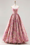 Floral Pink A Line Strapless Jacquard Long Corset Prom Dress