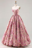 Floral Pink A Line Strapless Jacquard Long Corset Prom Dress