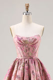 Floral Pink A Line Strapless Jacquard Long Corset Prom Dress