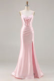 Sparkly Pink Ruched Satin Mermaid Long Corset Prom Dress with Bows