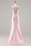 Sparkly Pink Ruched Satin Mermaid Long Corset Prom Dress with Bows