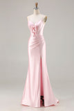 Sparkly Pink Ruched Satin Mermaid Long Corset Prom Dress with Bows