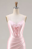Sparkly Pink Ruched Satin Mermaid Long Corset Prom Dress with Bows