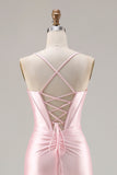 Sparkly Pink Ruched Satin Mermaid Long Corset Prom Dress with Bows