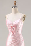 Sparkly Pink Ruched Satin Mermaid Long Corset Prom Dress with Bows