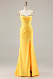 Sparkly Yellow Ruched Mermaid Long Corset Prom Dress with Beading